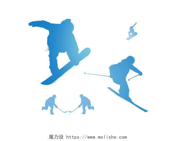 蓝色手绘简约冬奥会冰球滑雪人物运动员剪影元素PNG素材